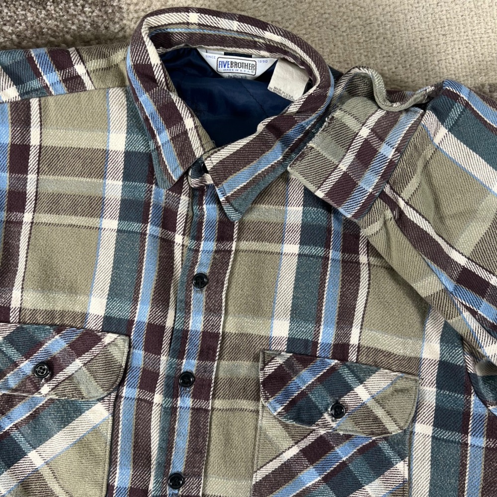Vintage Five Brother Plaid Quilted Flannel Shirt Jacket Mens‎ L Green USA 80s